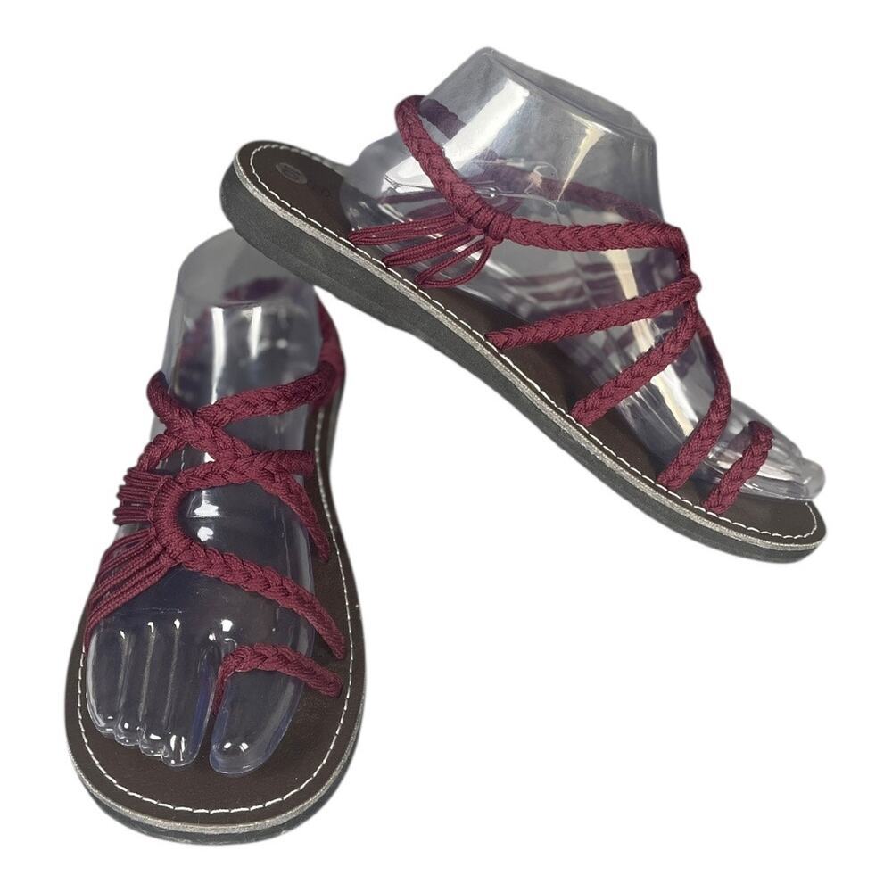 Plaka Women’s Palm Leaf Burgundy Boho Flat Strap Sandals Size-10 - Picture 2 of 8